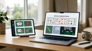 A laptop and tablet showing abstract casino game tiles in a web browser setting