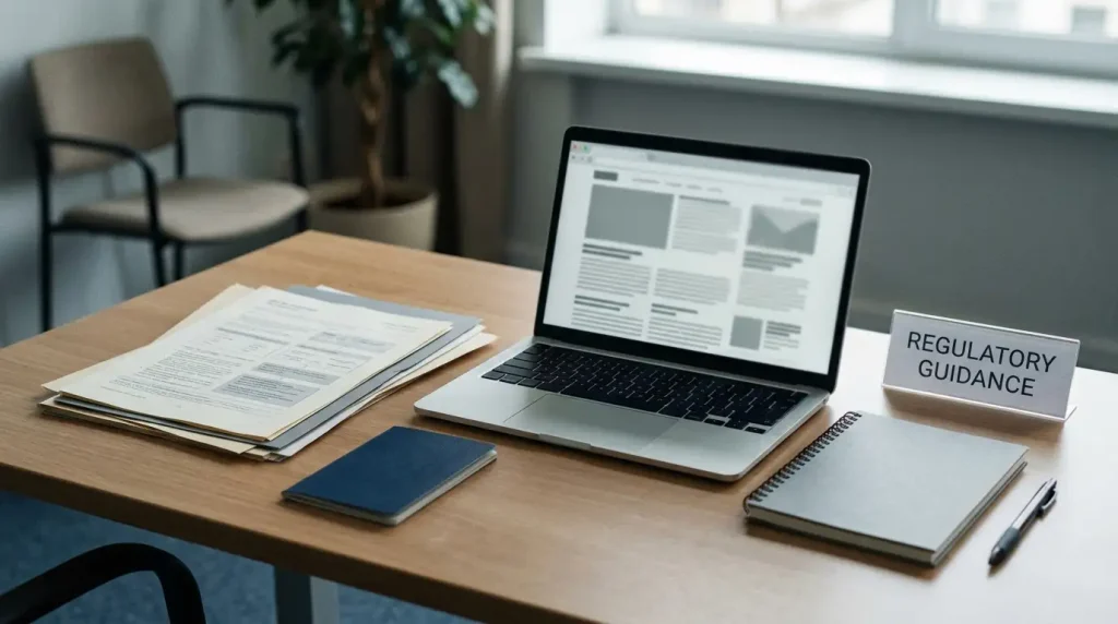 Regulatory documents and a laptop arranged on a desk beside a plain notebook