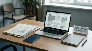 Regulatory documents and a laptop arranged on a desk beside a plain notebook
