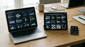 Smartphone and tablet beside a laptop showing abstract browser-based casino game tiles
