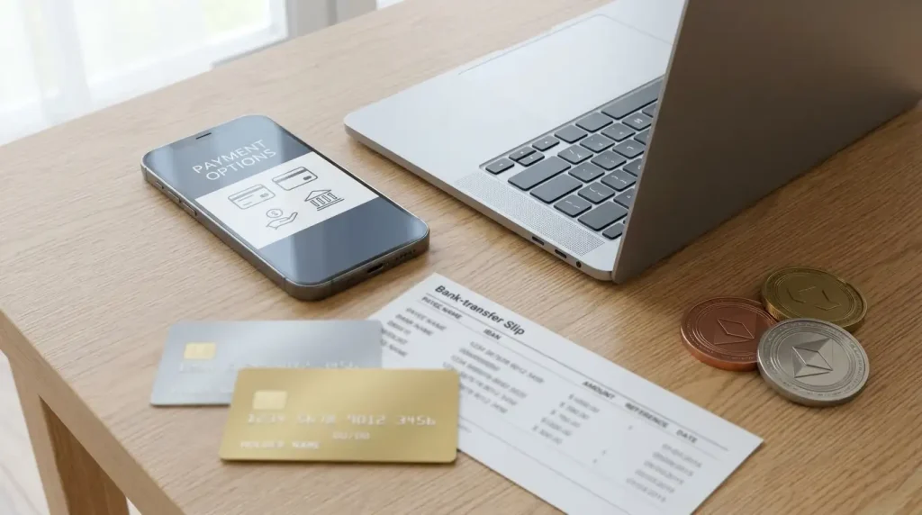 A phone and laptop beside generic payment cards and abstract cryptocurrency tokens on a desk