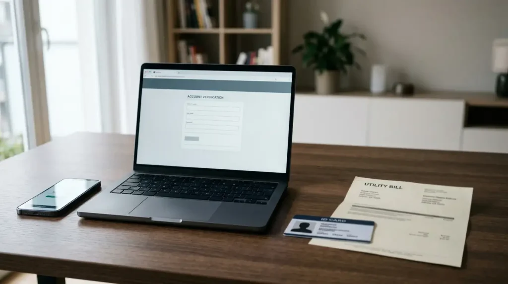 A laptop beside a phone and identity documents arranged for an online cashout check