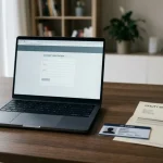 A laptop beside a phone and identity documents arranged for an online cashout check
