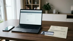 A laptop beside a phone and identity documents arranged for an online cashout check